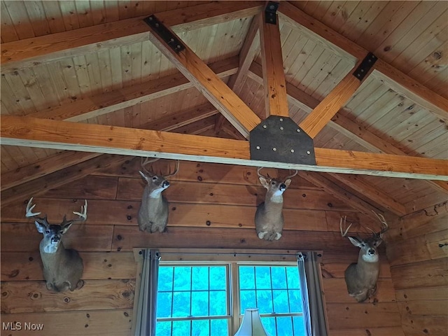 62158 Savage Rd, Cambridge, OH 43725 - detailed view of wood ceiling with exposed beams and wood walls