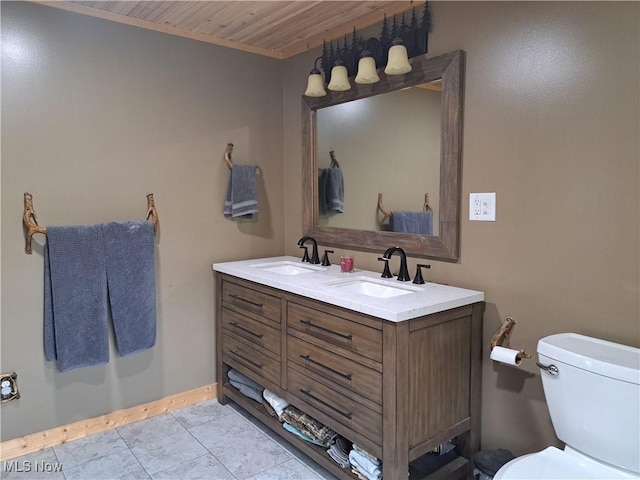 62158 Savage Rd, Cambridge, OH 43725 - bathroom with double vanity, toilet, baseboards, wooden ceiling, and tile patterned flooring