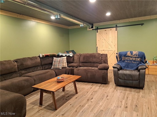 62158 Savage Rd, Cambridge, OH 43725 - living room featuring a barn door, wood finished floors, recessed lighting, and wood ceiling