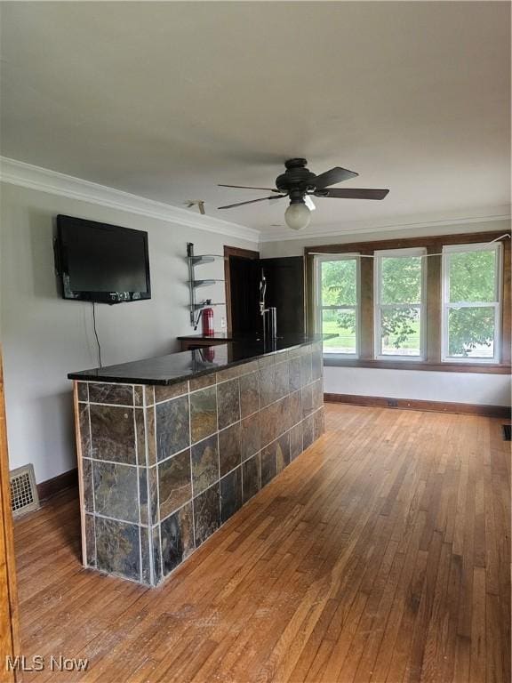 11 Adams St, Berea, OH 44017 - indoor dry bar featuring ornamental molding, wood-type flooring, and a ceiling fan