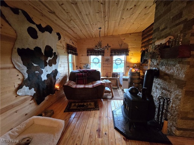 424 Avalon Rd SW, Dellroy, OH 44620 - living area with hardwood / wood-style floors, wooden walls, wooden ceiling, and a wood stove