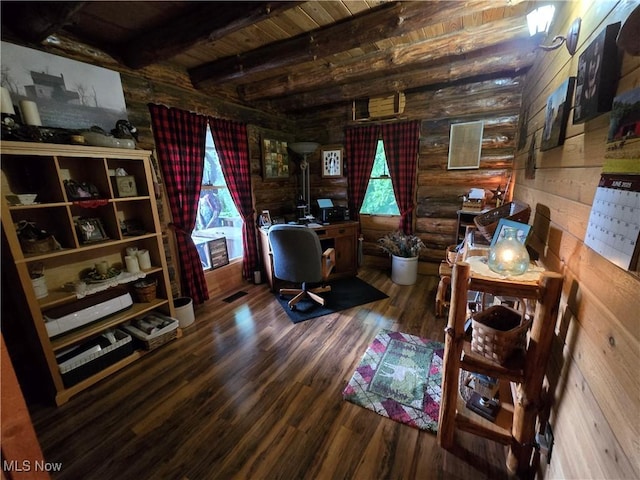 424 Avalon Rd SW, Dellroy, OH 44620 - office featuring healthy amount of natural light, wood finished floors, log walls, and wooden ceiling with exposed beams