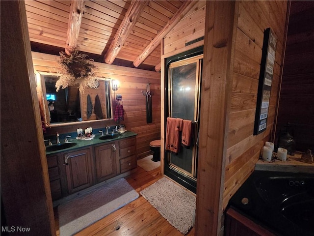 424 Avalon Rd SW, Dellroy, OH 44620 - bathroom featuring wood finished floors, toilet, double vanity, wooden walls, and wood ceiling