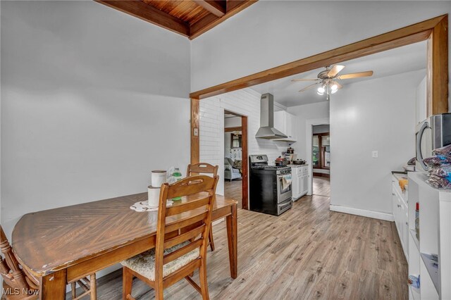 15417 Parkgrove Ave, Cleveland, OH 44110 - dining space with a wood ceiling with exposed beams, a ceiling fan, and light wood finished floors