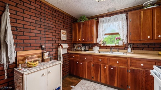 73117 Deck Rd, Freeport, OH 43973 - kitchen featuring a sink, light countertops, brick wall, range, and brown cabinets