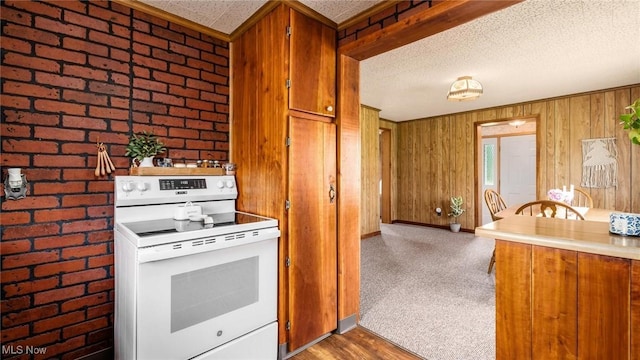 73117 Deck Rd, Freeport, OH 43973 - kitchen featuring white electric range, brown cabinetry, baseboards, brick wall, and wood walls