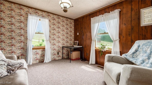73117 Deck Rd, Freeport, OH 43973 - sitting room with ornamental molding, carpet, wallpapered walls, and wooden walls