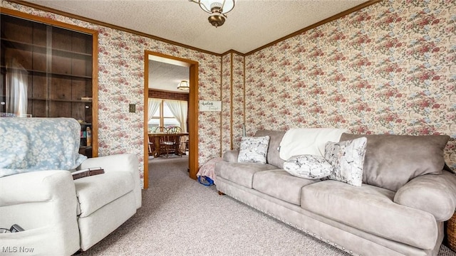 73117 Deck Rd, Freeport, OH 43973 - living area with ornamental molding, wallpapered walls, carpet, and a textured ceiling