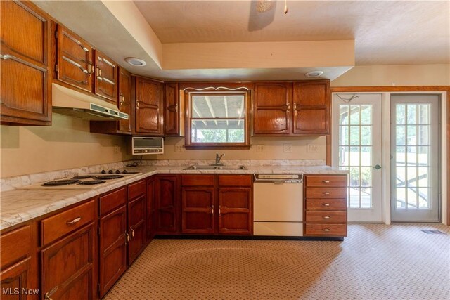 41510 Alderlick Rd, Wellsville, OH 43968 - kitchen featuring white appliances, under cabinet range hood, a sink, light countertops, and brown cabinetry