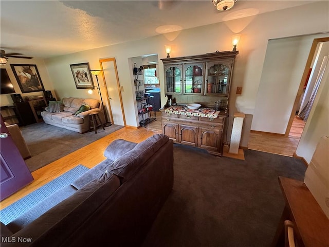 5301 S Ridge Rd W, Ashtabula, OH 44004 - living area with dark colored carpet, a ceiling fan, and baseboards