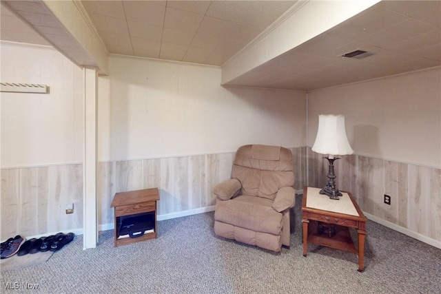 132 Karen Pl, Wintersville, OH 43953 - sitting room with carpet flooring, ornamental molding, wood walls, and a wainscoted wall