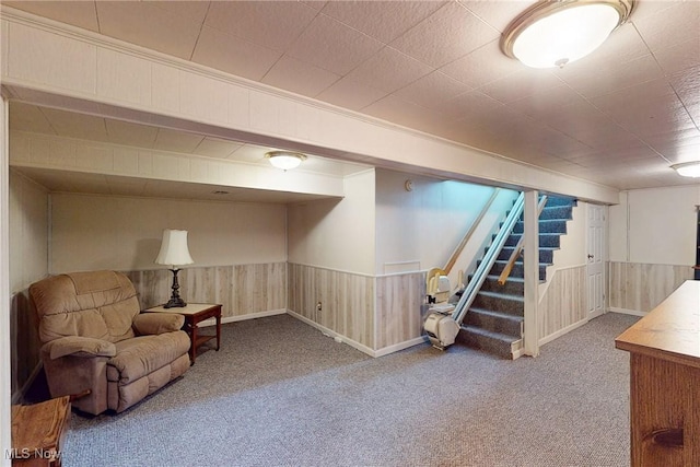 132 Karen Pl, Wintersville, OH 43953 - finished basement with carpet floors, stairs, and a wainscoted wall