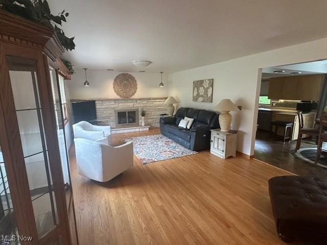 3232 Circle Dr, Cortland, OH 44410 - living room featuring wood finished floors and a stone fireplace