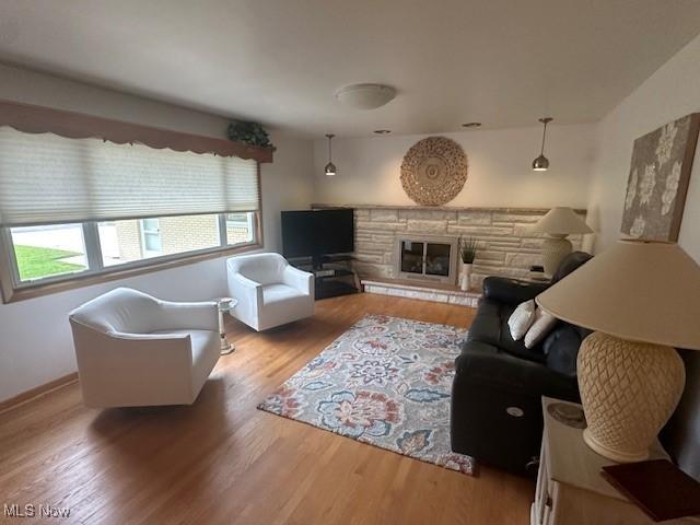 3232 Circle Dr, Cortland, OH 44410 - living room featuring wood finished floors, a fireplace, and baseboards