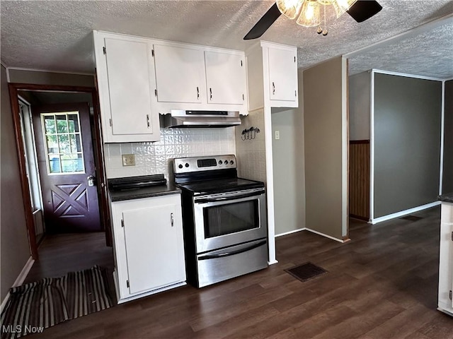 1029 Fowler Dr, Caldwell, OH 43724 - kitchen with stainless steel range with electric stovetop, under cabinet range hood, a textured ceiling, a ceiling fan, and white cabinets