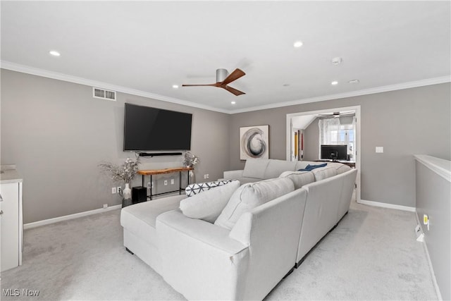 2164 W 6th St, Cleveland, OH 44113 - living room featuring a ceiling fan, light colored carpet, recessed lighting, and crown molding