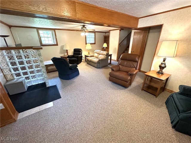 1684 Morris St, Mineral Ridge, OH 44440 - carpeted living room with a textured ceiling, ornamental molding, stairway, and a ceiling fan