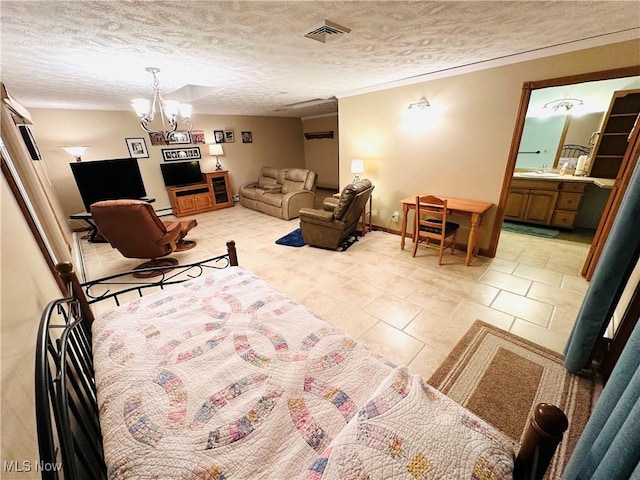 1684 Morris St, Mineral Ridge, OH 44440 - living area with a textured ceiling, a chandelier, a baseboard radiator, crown molding, and light tile patterned floors