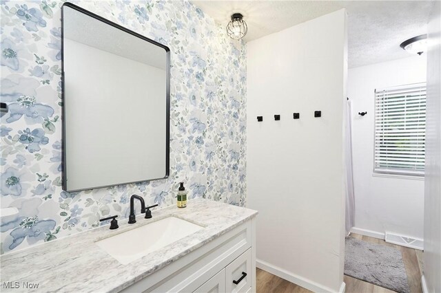 53 Joel Dr, Mogadore, OH 44260 - bathroom featuring wood finished floors, vanity, wallpapered walls, and a textured ceiling