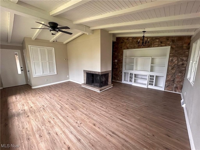 837 Pinecrest Rd, Girard, OH 44420 - unfurnished living room with wood finished floors, a brick fireplace, ceiling fan, and a chandelier