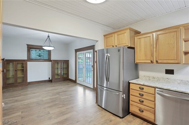 722 Clark St, Cambridge, OH 43725 - kitchen featuring appliances with stainless steel finishes, light brown cabinetry, light wood finished floors, open shelves, and light stone countertops