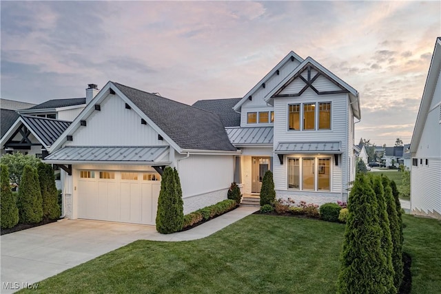 109 Bridgeport Way, Mayfield Heights, OH 44124 - modern inspired farmhouse featuring a standing seam roof, concrete driveway, a metal roof, a front lawn, and a garage