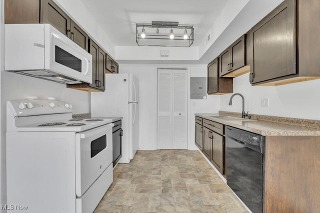 20347 Williamsburg Ct Unit 225B, Middleburg Heights, OH 44130 - kitchen with white appliances, stone finish flooring, dark brown cabinetry, light countertops, and electric panel