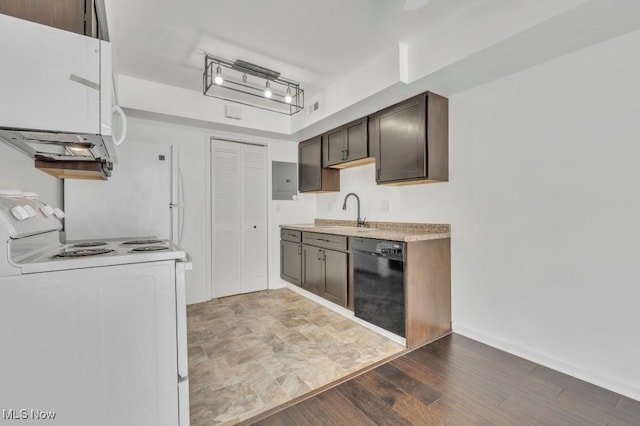 20347 Williamsburg Ct Unit 225B, Middleburg Heights, OH 44130 - kitchen with white appliances, dark brown cabinets, light countertops, and electric panel