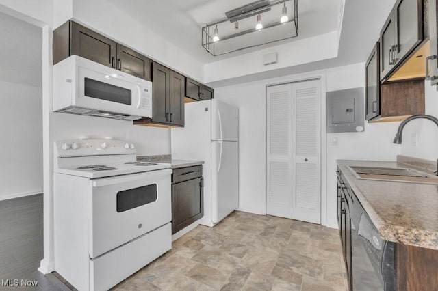 20347 Williamsburg Ct Unit 225B, Middleburg Heights, OH 44130 - kitchen with white appliances, electric panel, and dark brown cabinets