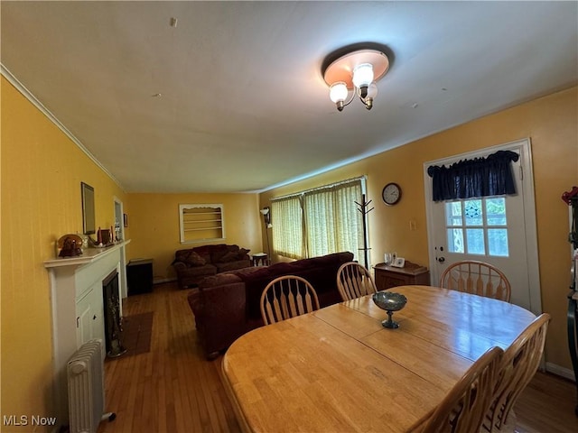 166 Bethesda St, Barnesville, OH 43713 - dining room featuring radiator, hardwood / wood-style floors, a fireplace, and ornamental molding