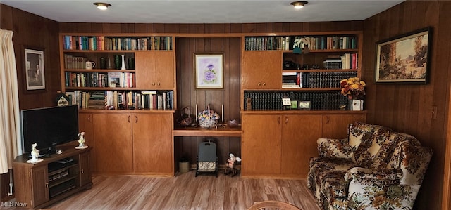 593 Furnace Rd, Conneaut, OH 44030 - living area with wood walls, light wood-style flooring, and built in shelves