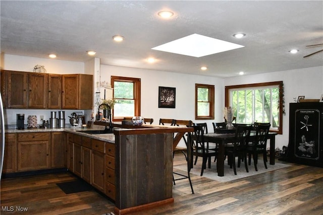 5041 W S Range Rd, Salem, OH 44460 - kitchen featuring a peninsula, a skylight, dark wood-style floors, healthy amount of natural light, and recessed lighting
