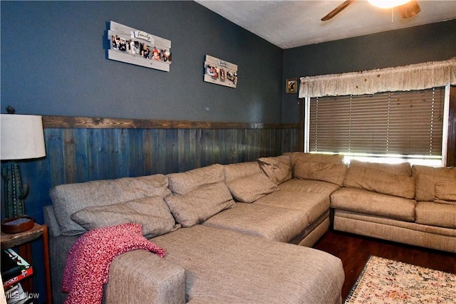 5041 W S Range Rd, Salem, OH 44460 - living area with a ceiling fan, a wainscoted wall, wooden walls, and wood finished floors