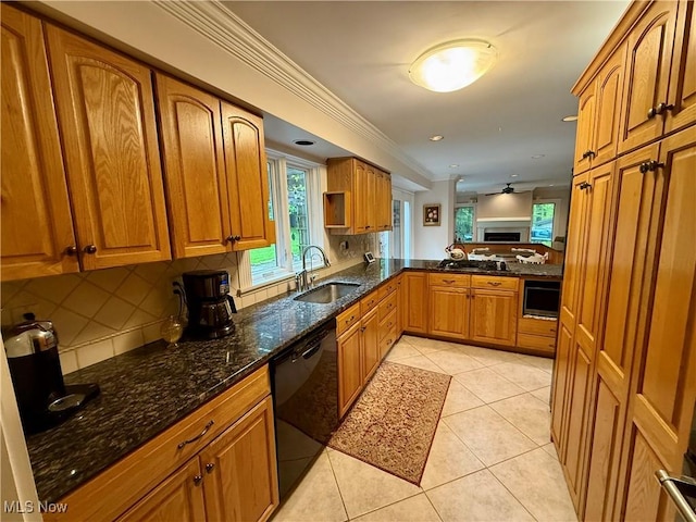 15217 Fox Run, Chagrin Falls, OH 44022 - kitchen featuring dishwasher, brown cabinetry, tasteful backsplash, dark stone counters, and light tile patterned flooring