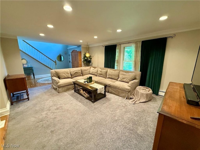 15217 Fox Run, Chagrin Falls, OH 44022 - living area featuring ornamental molding, recessed lighting, stairs, and baseboard heating