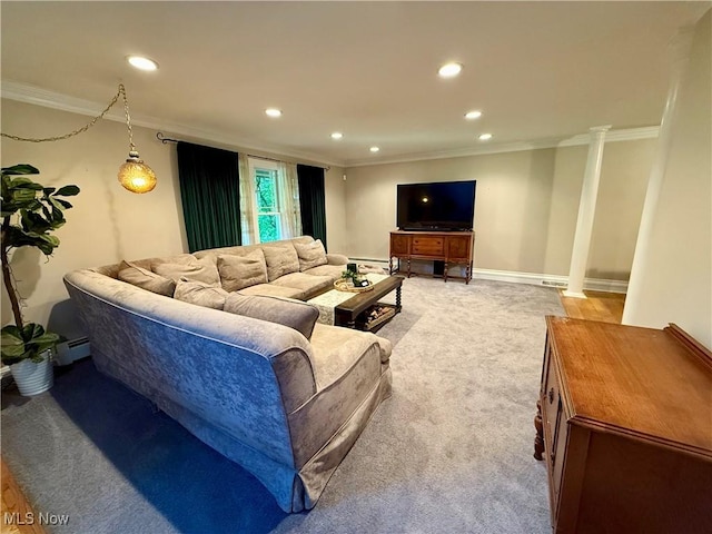 15217 Fox Run, Chagrin Falls, OH 44022 - carpeted living room featuring ornamental molding, recessed lighting, a baseboard radiator, and a baseboard heating unit