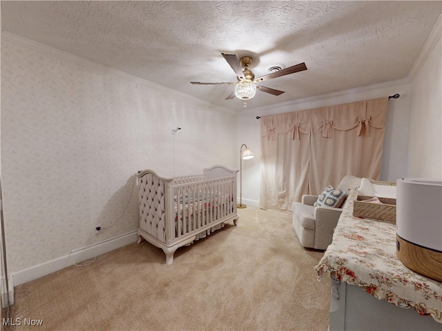 15217 Fox Run, Chagrin Falls, OH 44022 - carpeted bedroom featuring ornamental molding, ceiling fan, a textured ceiling, and wallpapered walls