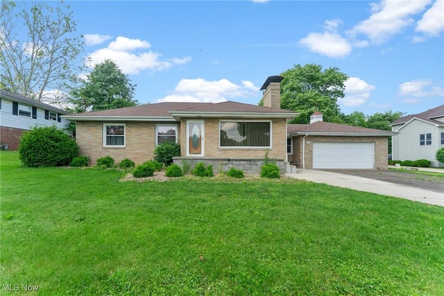 6567 Mount Everett Rd, Hubbard, OH 44425 - single story home featuring driveway, a chimney, a front lawn, a garage, and brick siding