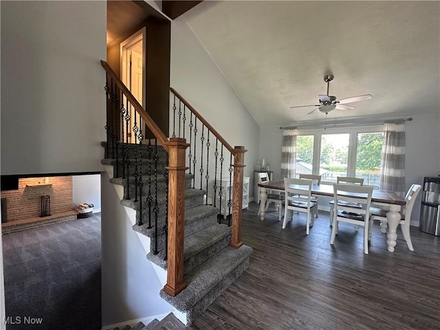 3005 Chaucer Dr NE, Canton, OH 44721 - dining area with a ceiling fan, stairs, wood finished floors, and lofted ceiling