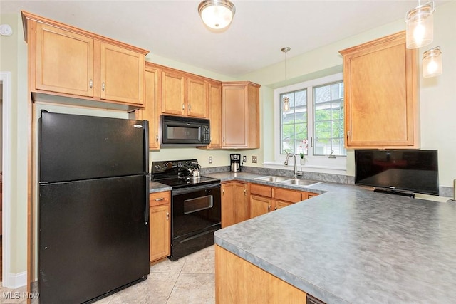 3514 Muriel Ave, Old Brooklyn, OH 44109 - kitchen featuring black appliances, pendant lighting, light tile patterned floors, dark countertops, and light brown cabinetry
