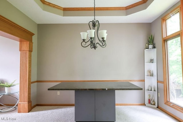 620 Ridgeline Dr, Cuyahoga Falls, OH 44223 - unfurnished office with a raised ceiling, light colored carpet, built in desk, and ornamental molding