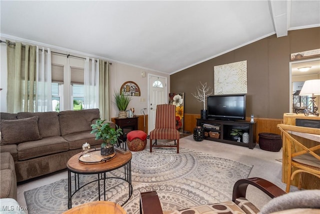 8 Symphony St, Olmsted Twp, OH 44138 - carpeted living area featuring ornamental molding, a decorative wall, and a wainscoted wall