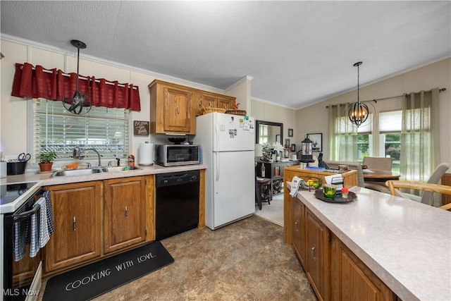 8 Symphony St, Olmsted Twp, OH 44138 - kitchen featuring dishwasher, freestanding refrigerator, stainless steel microwave, electric range oven, and brown cabinetry