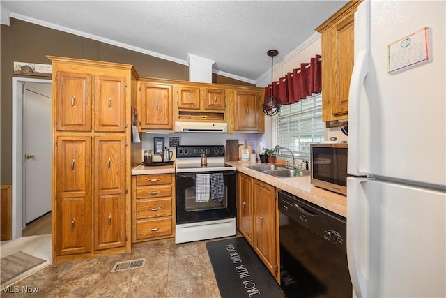 8 Symphony St, Olmsted Twp, OH 44138 - kitchen with white appliances, ornamental molding, vaulted ceiling, exhaust hood, and light countertops