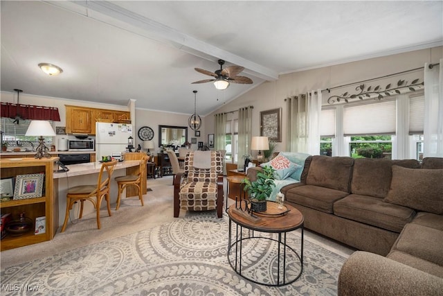8 Symphony St, Olmsted Twp, OH 44138 - living area with light colored carpet, ceiling fan, healthy amount of natural light, and crown molding