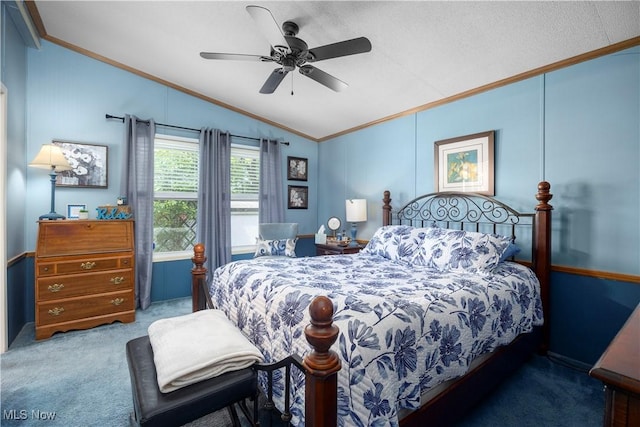 8 Symphony St, Olmsted Twp, OH 44138 - carpeted bedroom featuring crown molding, lofted ceiling, and a ceiling fan