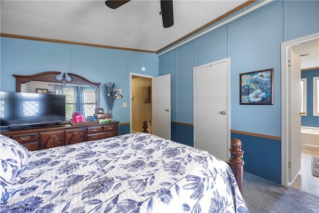 8 Symphony St, Olmsted Twp, OH 44138 - bedroom with carpet floors, crown molding, a ceiling fan, and connected bathroom