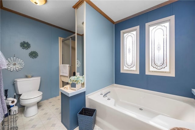 8 Symphony St, Olmsted Twp, OH 44138 - full bath featuring ornamental molding, a garden tub, a stall shower, and tile patterned floors