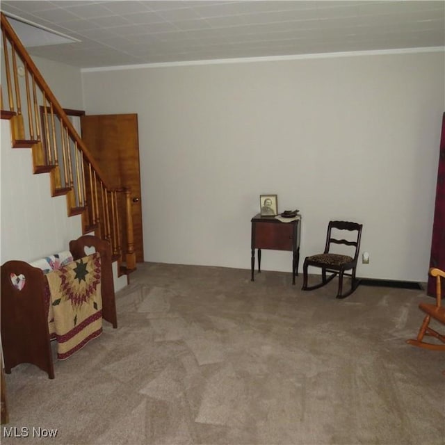 399 N Main St, Amsterdam, OH 43903 - sitting room with stairway, ornamental molding, and carpet