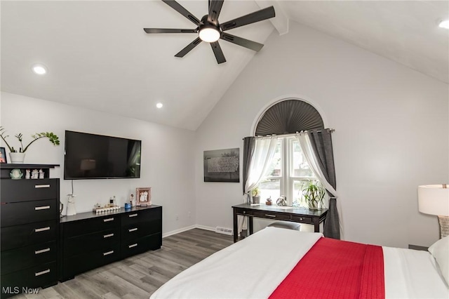5710 Cardinal Dr, Mentor, OH 44060 - bedroom featuring beam ceiling, wood finished floors, recessed lighting, high vaulted ceiling, and ceiling fan